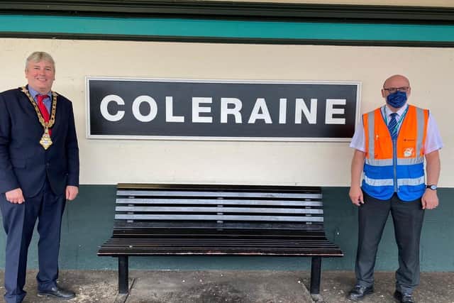 Mayor of Causeway Coast and Glens Borough Council Councillor Richard Holmes pictured at Translink Bus and Rail Centre in Coleraine with Station Inspector David Simpson