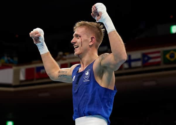 Kurt Anthony Walker of Ireland celebrates after the Men's Feather (52-57kg) on day five of the Tokyo 2020 Olympic Games at Kokugikan Arena on July 28, 2021 in Tokyo, Japan. (Photo by Frank Franklin - Pool/Getty Images)