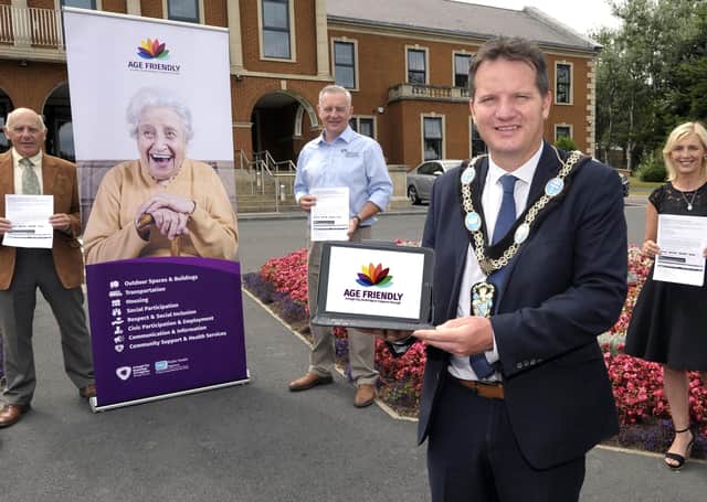 Lord Mayor, Alderman Glenn Barr with Council Age Friendly Lead Stephanie Rock, Chair of ABC Age Friendly Alliance, Billy Stewart; and Chair of ABC Seniors Network David Hammerton pictured at Banbridge Civic Building at the Launch of Age Friendly Survey to help with the development of Age Friendly Strategy & Action Plan, which sets out a vision to make the borough a place where older people can live full, active, valued and healthy lives. © Edward Byrne Photography