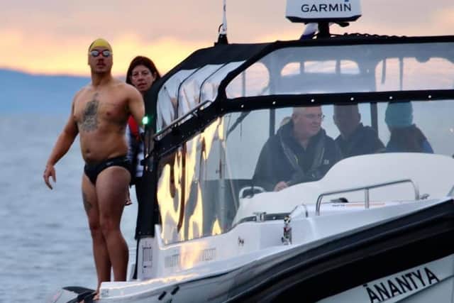 Portadown man Jordan Leckey about to embark on the North Channel swim from Donaghadee to Scotland. He smashed the Guinness World Record, swimming it in nine hours, five minutes and 30 seconds.