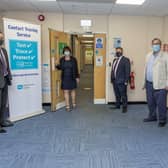 Junior Minister Gary Middleton; Dr Elizabeth Mitchell, Director of Contact Tracing; Health Minister Robin Swann; Andrew Dougal, Non-Executive Chair of the Board of the PHA; Aidan Dawson, Chief Executive of the PHA.