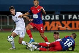 Linfield's Trai Hume and Kirk Millar battling in Bosnia against Borac Banja Luka. Pic by Pacemaker.