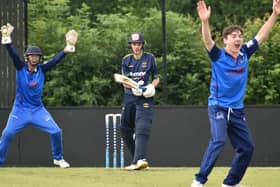 St Johnston's Scott Macbeth is caught by Killyclooney's Kenzie Hall, during Friday night's Sperrin Springs T20 Cup Final. Picture by Lawrence Moore
