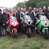 Armoy 'Race of Legends' winner Michael Dunlop with runner-up Davey Todd (left) and Derek McGee, who finished third on Saturday.