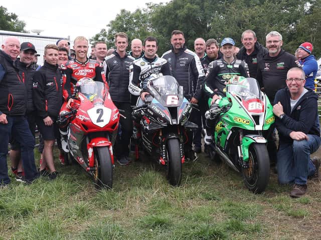 Armoy 'Race of Legends' winner Michael Dunlop with runner-up Davey Todd (left) and Derek McGee, who finished third on Saturday.