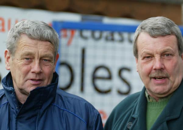 Coleraine FC legend Victor Hunter (left) pictured with his brother Allan, who also played with Coleraine as well as Ipswich Town