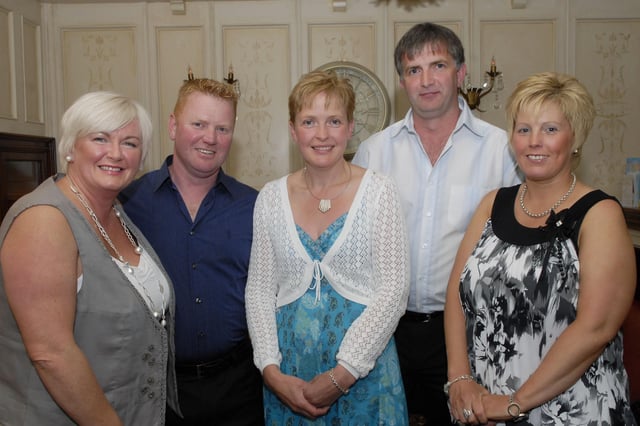 Mandy Poole, Edwin Miller, Amanda Scott, Colin Lowry and Jacqueline Townney pictured at the Faughan Valley High School 30 year reunion in the Belfray Country Inn on Friday night. LS24-138KM10