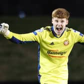 Jacob Carney celebrating a Portadown win last season in the Irish League during his loan spell from Manchester United. The goalkeeper recently secured a summer transfer to Sunderland. Pic by Pacemaker.