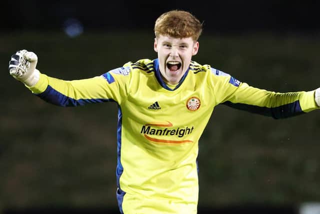 Jacob Carney celebrating a Portadown win last season in the Irish League during his loan spell from Manchester United. The goalkeeper recently secured a summer transfer to Sunderland. Pic by Pacemaker.