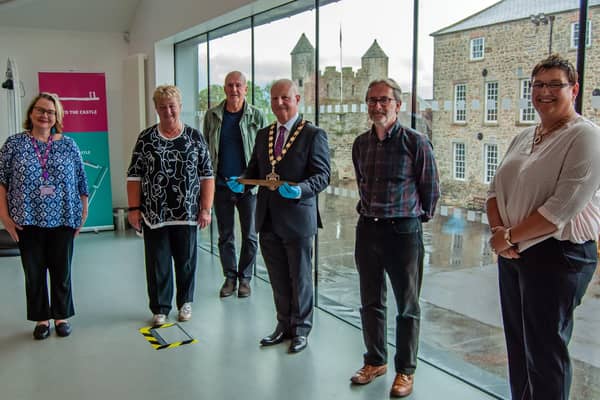 Pictured with the 3000 year old bronze which was recently purchased at auction in Dublin and is now on display at Fermanagh county Museums, Enniskillen Castle are from left: Sarah McHugh, museums and heritage service manager, Fermanagh and Omagh District Council, Esdille Lappin, chair, Association of Friends of Fermanagh County Museum, Barney Devine, Cuilcagh to Cleenish, A Great Place, Councillor Errol Thompson, chair, Fermanagh and Omagh District Council, Jim McGreevy, National Lottery Heritage Fund committee member, and Elmarie Swanepoel, Lough Erne Landscapes Partnership programme manager