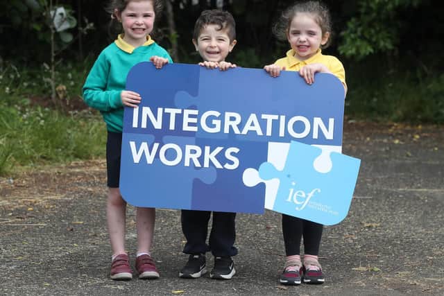 Annie, Lorenzo and Isla from Brefne Nursery School in north Belfast, which will become the first standalone nursery school to transform to integrated status in Northern Ireland in September.