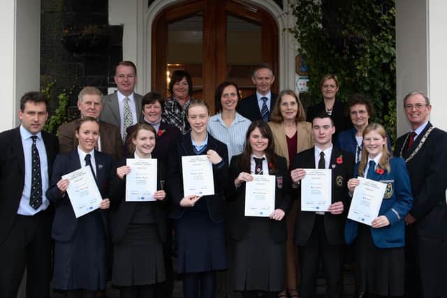 Local students who took part in the finals of the Ballymena Rorary Club Youth Leadership competition in the Adair Arms Hotel, are seen here with their teachers, the competition adjudicators, sponsor Alastair Martin (front left) of Martin & Hamilton and Rotary President Terry Flannigan (front right). Included are Emma McCluggage (Ballymena Academy), Cathryn Maybin (Dunclug College), Anna O'Kane (St Louis Grammer), Gemma McClennaghan (Cullybackey High School), Brian Wallace (St Patrick's College), Nicki  Tweed (Slemish College). BT46-102JC