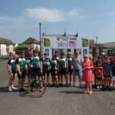 Michelle O’Neill MLA meeting some of the cyclists who completed the routes as part of a fundraising project for Holy Trinity College.