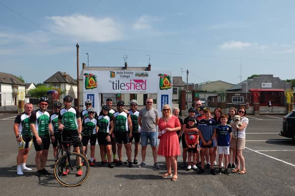 Michelle O’Neill MLA meeting some of the cyclists who completed the routes as part of a fundraising project for Holy Trinity College.
