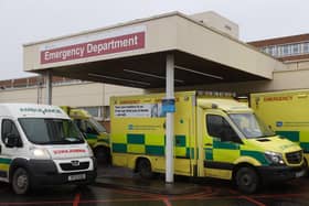 Ambulances outside the emergency department entrance of Craigavon Area Hospital.