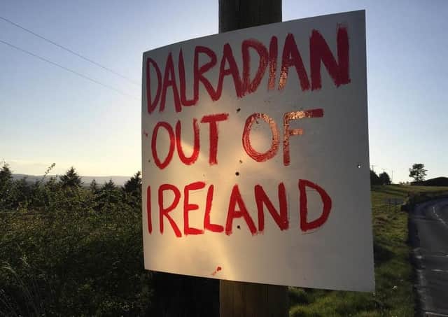 Anti Greencastle gold mine signs in the Sperrins. Canadian company Dalradian Gold to submit planning request for mine to DOE