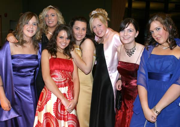 Ciara McMullan, Hayley Loughrey, Leanne McCorriston, Lena McNally, Ciara McLaughlin, Marie Flynn, and Erin Scullion at the St. Joseph's College formal in the Royal Court Hotel. CR43-179PL
