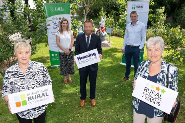 Pictured at the launch of the Housing Executive’s Rural Community Awards 2021 are
Margaret Murphy (Cullybackey Community Partnership), Sharon Crooks (Housing
Executive Area Manager Mid Ulster), Mark Alexander (Housing Executive Causeway
Area Manager), Sinead Collins (Housing Executive Rural and Regeneration Manager)
and Martin Quinn (Supporting Communities).