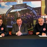 Larne chairman Gareth Clements pictured with First Team Manager Tiernan Lynch and Assistant Manager Seamus Lynch. PICTURE BY LARNE FC