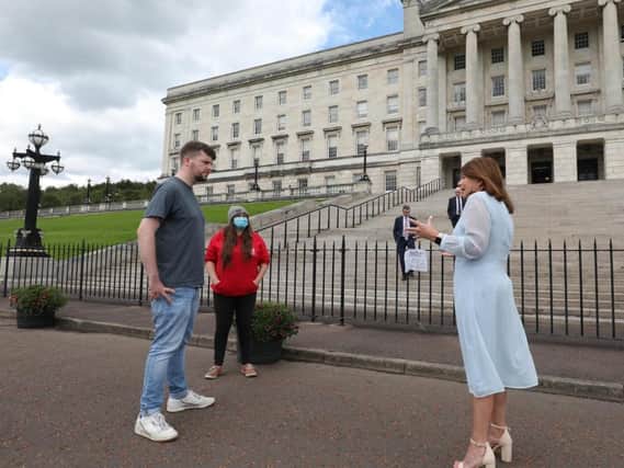 SDLP MLA, Sinead McGlacken talks to Unite's Neil Moore at a socially-distanced protest held in July to help raise the voices of workers in the Hospitality and tourism sector. Photo by Matt Mackey / Press Eye.