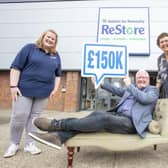 Pictured outside Habitat for Humanity NI’s ReStore in Ballymena are, from left, Isobel Kerr, Restore Manager, James Perry MBE, member of The Gallaher Trust and Jenny Williams, CEO of Habitat for Humanity NI.
