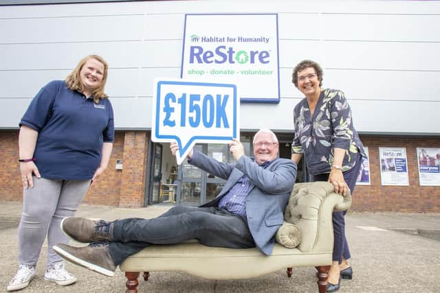 Pictured outside Habitat for Humanity NI’s ReStore in Ballymena are, from left, Isobel Kerr, Restore Manager, James Perry MBE, member of The Gallaher Trust and Jenny Williams, CEO of Habitat for Humanity NI.