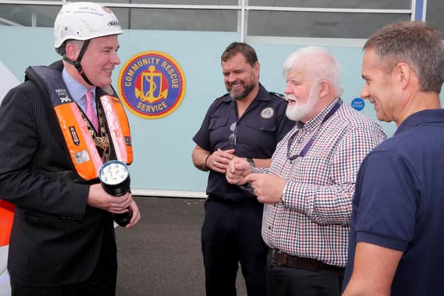 The Mayor of Causeway Coast and Glens Borough Council Councillor Richard Holmes tried out some of the equipment used by the Community Rescue Service as he meets with Barry Torrens, District Commander, Gregg Smyth, assistant Unit Commander and Sean McCarry, Regional Commander