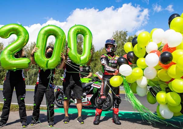 Jonathan Rea celebrates his 200th World Superbike podium at Most in the Czech Republic on Sunday.