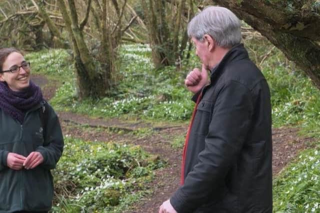 Joe Mahon chats to Rosie Irwin of the Woodland Trust in Carnmoney wood.