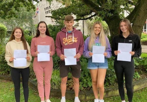 Securing 4 A grades at AS level Ballyclare High pupils Katie Conn, Connie Duncan, Peter Gillespie, Lucy Murray and Kerry McCabe celebrate.