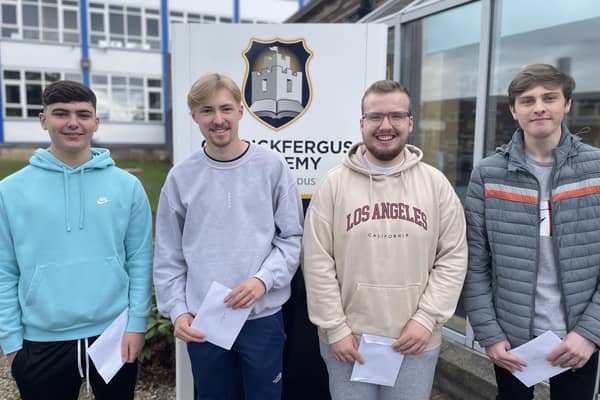 Carrickfergus Academy pupils collecting their exam results on Tuesday.