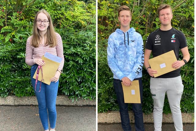 Jenna Stephens, Daniel Vasey and Matthew Vasey picking up their exam results at Larne Grammar School on Tuesday.