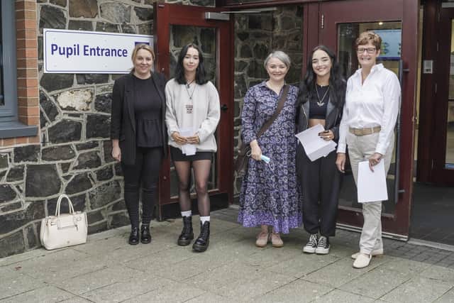 Mrs McBrinn, (Mother) Lauryn McBrinn (AAB at GCE A Level), Mrs Patterson,(Mother) Emma Patterson (A*AA at GCE A Level) and Mrs K Bell Principal.