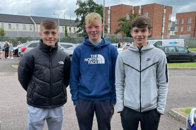 Slemish A Level Students celebrating their results. Charlie McCurdy will study Quantity
Surveying and Commercial Management; Dylan Roy will study Computer Science, and Niall
McManus will study Building Surveying at the University of Ulster.