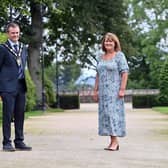 The Mayor of Lisburn & Castlereagh City Council, Alderman Stephen Martin and Lynda Donaldson pictured at Castle Gardens