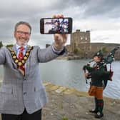 William McCaughey with Irish Regiment piper at Carrickfergus Castle