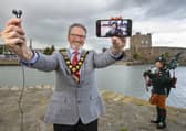 William McCaughey with Irish Regiment piper at Carrickfergus Castle