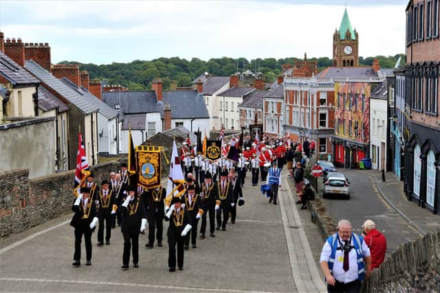 Press Eye - Belfast - Northern Ireland - 14th August 2021  Apprentice Boys of Derry ParadeApprentice Boys of Derry  Relief of Derry Parade.   The parade en route along the City Walls.  Mandatory Credit ©Lorcan Doherty/Presseye