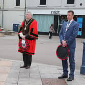 Pictured at the VJ Day commemoration held in Coleraine on Monday, August 16 are Gregory Campbell MP, Mayor of Causeway Coast and Glens Borough Council Councillor Richard Holmes and Mr Richard Archibald, Deputy Lieutenant for County Londonderry