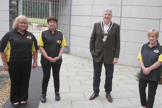 The Mayor of Causeway Coast and Glens Borough Council Councillor Richard Holmes pictured with Selma McMullan (Armoy Supporter’s Club), Jean McPherson (Chairperson) and Yolande O’Kane (Safety Officer) at a reception held to recognise the success of this year’s Armoy Road Races