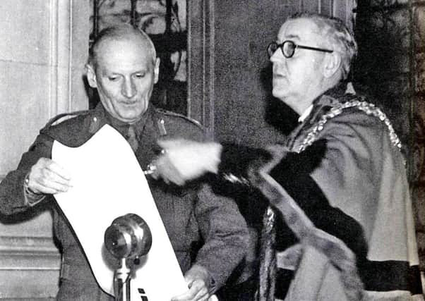 Wakefield Mayor Councillor Harry Watson bestows the Freedom of the City on General Montgomery in 1947. On visit to Belfast in 1943 the Dean of Canterbury, Dr Hewlett Johnston, referred to the general as: “General Montgomery is a progressive - a progressive soldier in the finest modern sense - learning all he can about modern war.” Picture: JPI Media archives