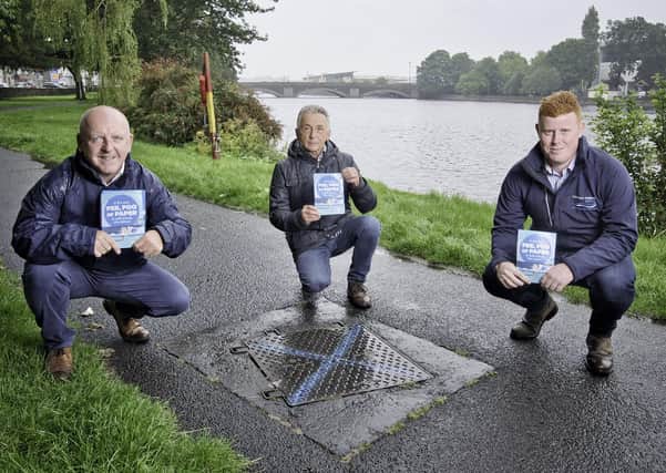 NI Water’s Brian Donaghy, Cllr William McCandless and Andrew McIlwaine, NI Water in Christie Park where out of sewer flooding has occurred due to the flushing of wipes and other inappropriate items