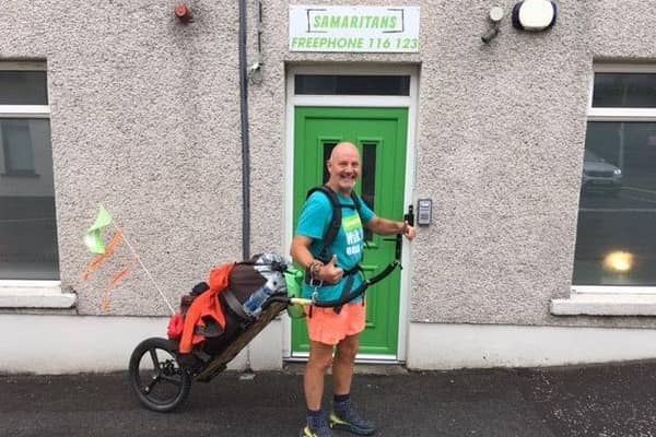 David Matthews visiting Ballymena Branch of Samaritans during his 6000 mile "Listening Walk"