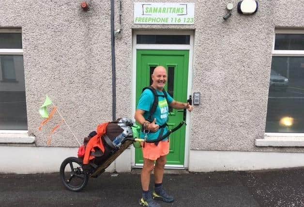 David Matthews visiting Ballymena Branch of Samaritans during his 6000 mile "Listening Walk"