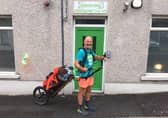 David Matthews visiting Ballymena Branch of Samaritans during his 6000 mile "Listening Walk"