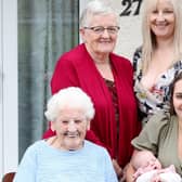 The arrival of baby Isla Sara three weeks ago completed five generations of this Northern Ireland family. Isla Sara is pictured with her Great, Great Granny Elizabeth (102), Great Granny Joan (78), Granny Sara Joanne (53) and her mother Chelsea. PICTURE BY STEPHEN DAVISON, PACEMAKER