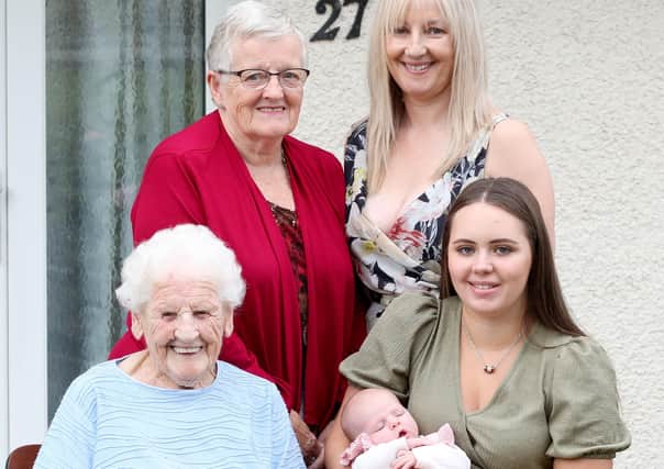The arrival of baby Isla Sara three weeks ago completed five generations of this Northern Ireland family. 
Isla Sara is pictured with her Great, Great Granny Elizabeth (102), Great Granny Joan (78), Granny Sara Joanne (53) and her mother Chelsea. 
PICTURE BY STEPHEN DAVISON, PACEMAKER
