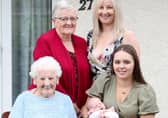 The arrival of baby Isla Sara three weeks ago completed five generations of this Northern Ireland family. 
Isla Sara is pictured with her Great, Great Granny Elizabeth (102), Great Granny Joan (78), Granny Sara Joanne (53) and her mother Chelsea. 
PICTURE BY STEPHEN DAVISON, PACEMAKER