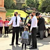 Josh Willis (centre), husband of Samantha Willis (nee Curran) as the hearse carrying her coffin arrives outside St Columb's Church, Londonderry, for the funeral of the mother-of-four from Strathfoyle who died with Covid-19 shortly after giving birth on Friday. Picture date: Monday August 23, 2021.