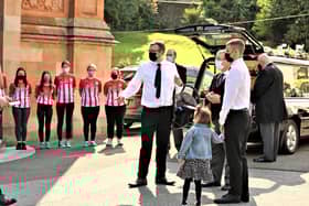 Josh Willis (centre), husband of Samantha Willis (nee Curran) as the hearse carrying her coffin arrives outside St Columb's Church, Londonderry, for the funeral of the mother-of-four from Strathfoyle who died with Covid-19 shortly after giving birth on Friday. Picture date: Monday August 23, 2021.